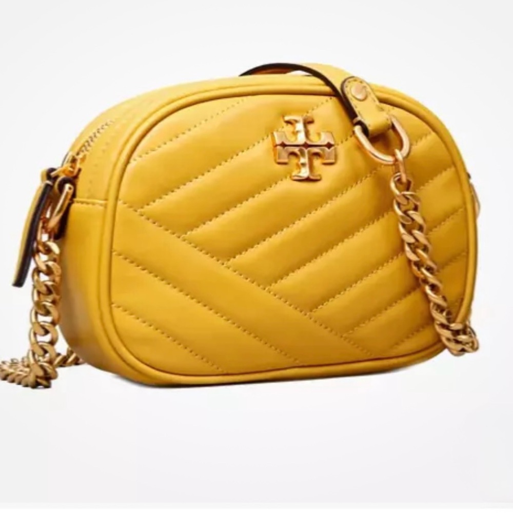 AUTH Tory Burch Kira Chevron Small Leather Camera Bag In Golden Sunset